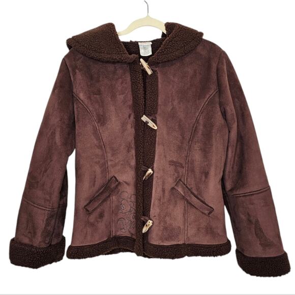 Disney Suede Hooded Sharpa Lined Coat Embroidered Mickey Mouse Large - Picture 7 of 11